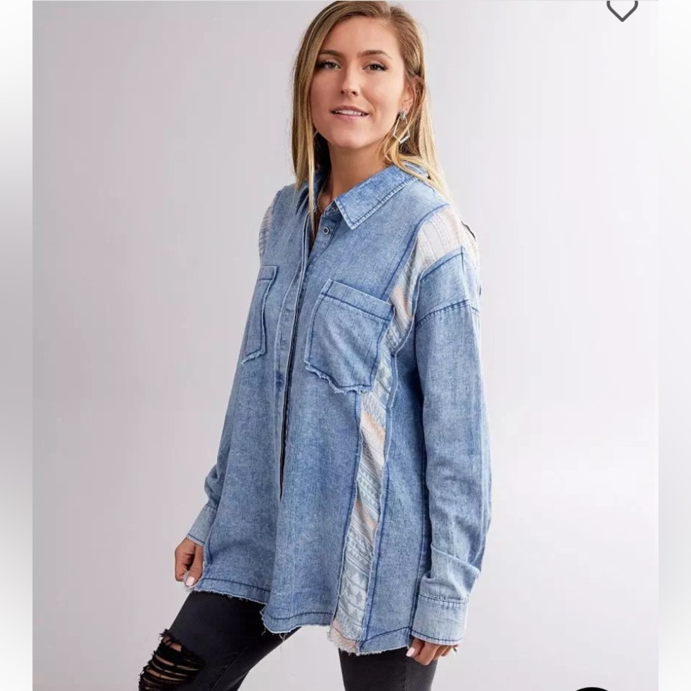 Gimmicks Boho Pieced Chambray Blue Button Down Sh… - image 2